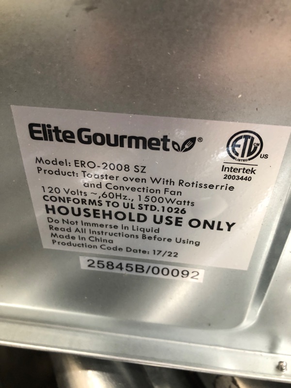 Photo 5 of *** POWERS ON *** Elite Gourmet ERO-2008SZ Countertop XL Toaster Oven w/ Top Grill & Griddle & Lid + Convection Rotisserie, Bake, Broil, Roast, Toast, Keep Warm & Steam, 23L capacity fits 12” pizza, 6-Slice, Black With Rotisserie, Grill and Convection