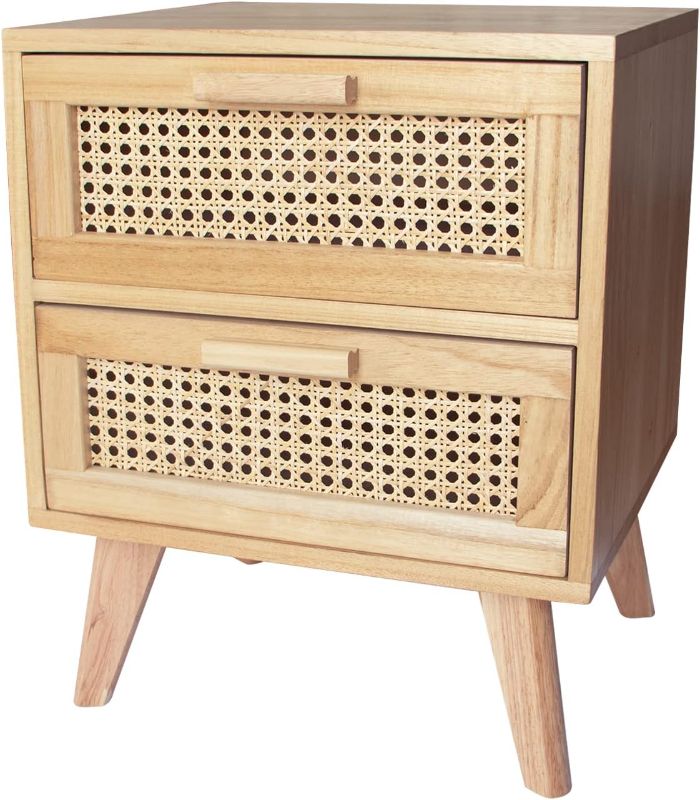 Photo 1 of 
PNUOCDX Rattan Nightstand,End Table with 2 Drawers, Wooden Bedside Table, Wood Accent Table with Storage, Side Table for Living Room and Bedroom, Natura