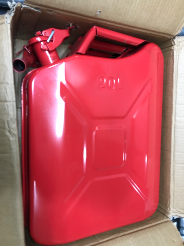 Photo 2 of 20L 5 Gallon Metal Gas Can Red with Fuel Can and Spout System, US Standard Cold-Rolled Plate Petrol Diesel Can - Gasoline Bucket (18.3" x 13.98" x 6.3")