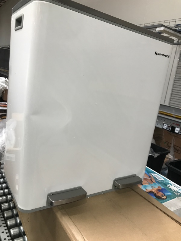 Photo 1 of SONGMICS Trash Can, 2 x 8-Gallon Garbage Can for Kitchen, with 15 Trash Bags, 2 Compartments, Plastic Inner Buckets and Hinged Lids, Airtight, White and Gray ULTB60WT White + Gray