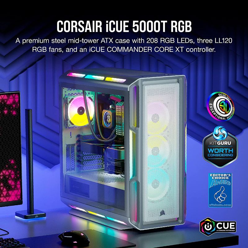 Photo 2 of CORSAIR iCUE 5000T RGB Mid-Tower ATX PC Case-208 Individually Addressable RGB LEDs-Fits Multiple 360mm Radiators-Easy Cable Management-3 Included CORSAIR LL120 RGB Fans- White
