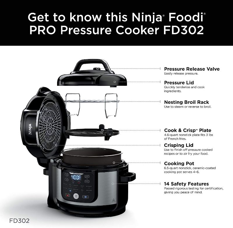 Photo 14 of Ninja FD302 Foodi 11-in-1 Pro 6.5 qt. Pressure Cooker & Air Fryer that Steams, Slow Cooks, Sears, Sautés, Dehydrates & More, with 4.6 qt. Crisper Plate, Nesting Broil Rack & Recipe Book, Silver/Black