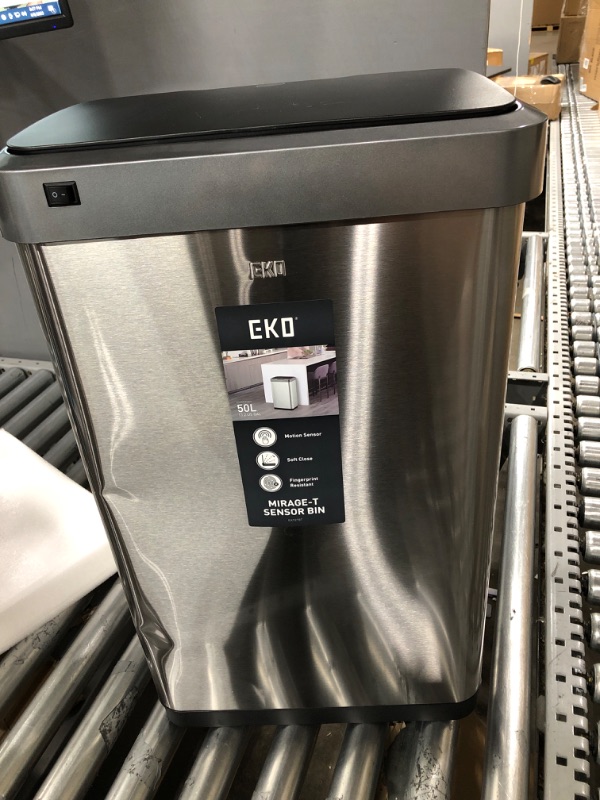 Photo 2 of ***DENTS ON SIDE OF TRASH CAN***EKO Mirage-T 50 Liter / 13.2 Gallon Touchless Rectangular Motion Sensor Trash Can, Brushed Stainless Steel Finish