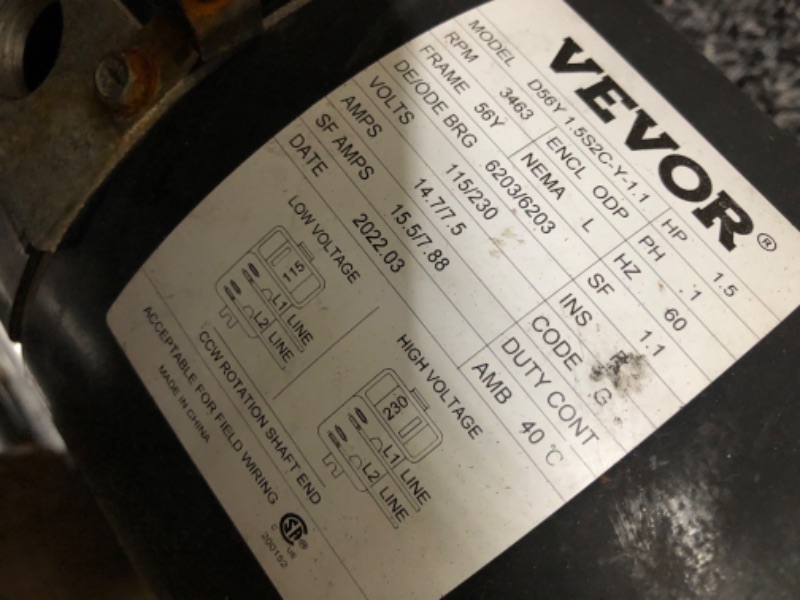 Photo 7 of **WAS NOT TESTED**VEVOR 1.5 hp, 3463 rpm, 1 speed, 230/115 volts, 7.88/15.5 amps, 1.1 Service Factor, 56Y Frame, PSC, ODP Enclosure, Square Flange Pool Motor, Swimming Pool Pump Motor, Replacement Pool Motor Kit
**WAS UNABLE TO TEST TO SEE IF IT FUNCTIONS