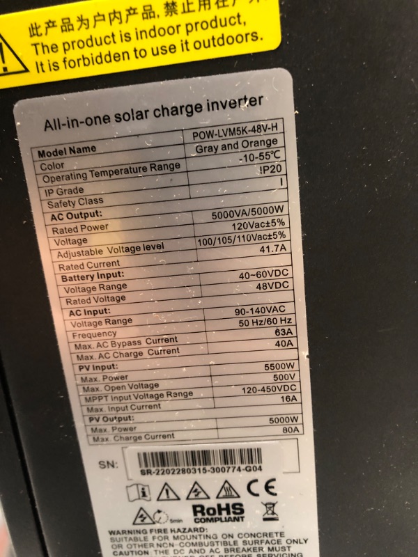 Photo 5 of **SEE NOTES**
5000 Watt Solar Inverter Pure Sine Wave 48V 110V, Off-Grid 5KW Power Inverter Built in 80A MPPT Controller, 40A AC Charger, Max.PV Input 500V, Support Utility/Generator/Solar Charge
