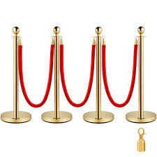 Photo 1 of **USED/MINOR DAMAGE/MISSING HARDWARE** Vevor Velvet Ropes and Posts, 5 ft/1.5 m Red Rope, Stainless Steel Gold Stanchion with Ball Top, Red Crowd Control Barrier Used for Theaters, Party, Wedding, Exhibition, Ticket Offices 4 packSets