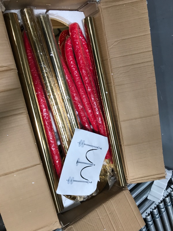 Photo 2 of **USED/MINOR DAMAGE/MISSING HARDWARE** Vevor Velvet Ropes and Posts, 5 ft/1.5 m Red Rope, Stainless Steel Gold Stanchion with Ball Top, Red Crowd Control Barrier Used for Theaters, Party, Wedding, Exhibition, Ticket Offices 4 packSets