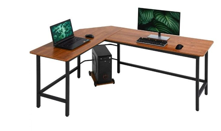 Photo 1 of Computer Desk Gaming Desk Office L Shaped Desk PC Wood Home Large Work Space Corner Study Desk Workstation (Brown)
