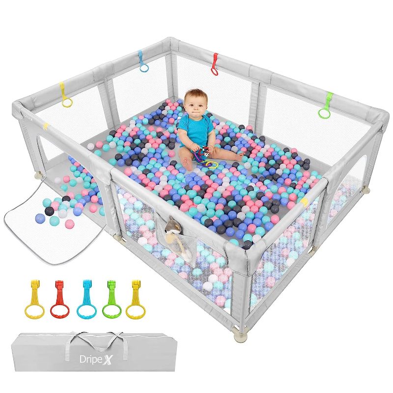 Photo 1 of Baby Playpen, Large Baby Playards with Zipper Gates, Playpen for Babies and Toddlers, Safe No Gaps,See-Through mesh, Anti-Fall Kids Activity Center, Baby Gate Playpen, Baby Fence (Grey 79*59 inch)
