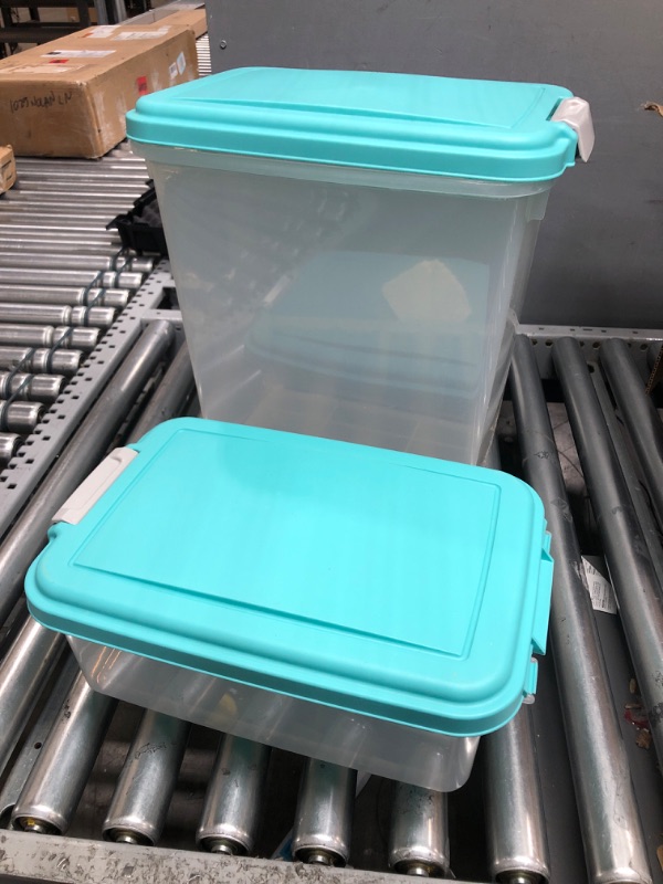 Photo 2 of **MISSING PARTS** IRIS USA 3-Piece 35 Lbs / 45 Qt WeatherPro Airtight Pet Food Storage Container Combo with Scoop and Treat Box for Dog Cat Bird Food, Stackable, Keep Pests Out, Translucent Body, BPA Free, Blue Moon
