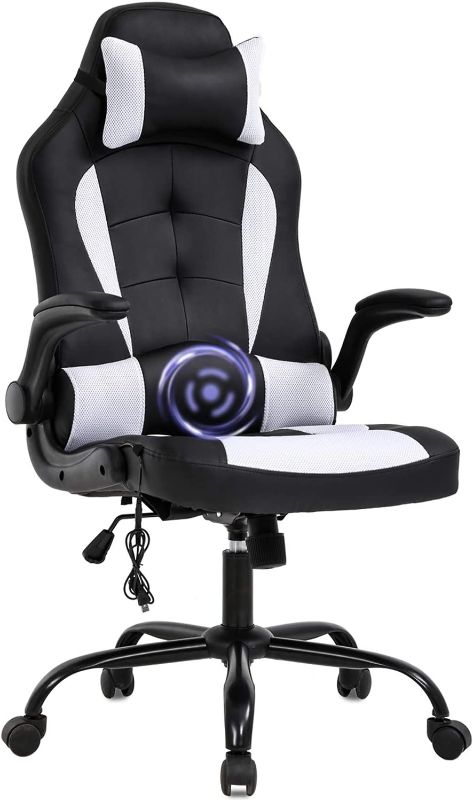 Photo 1 of PC Gaming Chair Massage Office Chair Ergonomic Desk Chair Racing Executive PU Leather Computer Chair with Lumbar Support Headrest Armrest Task Rolling Swivel Chair for Women Adults, White
