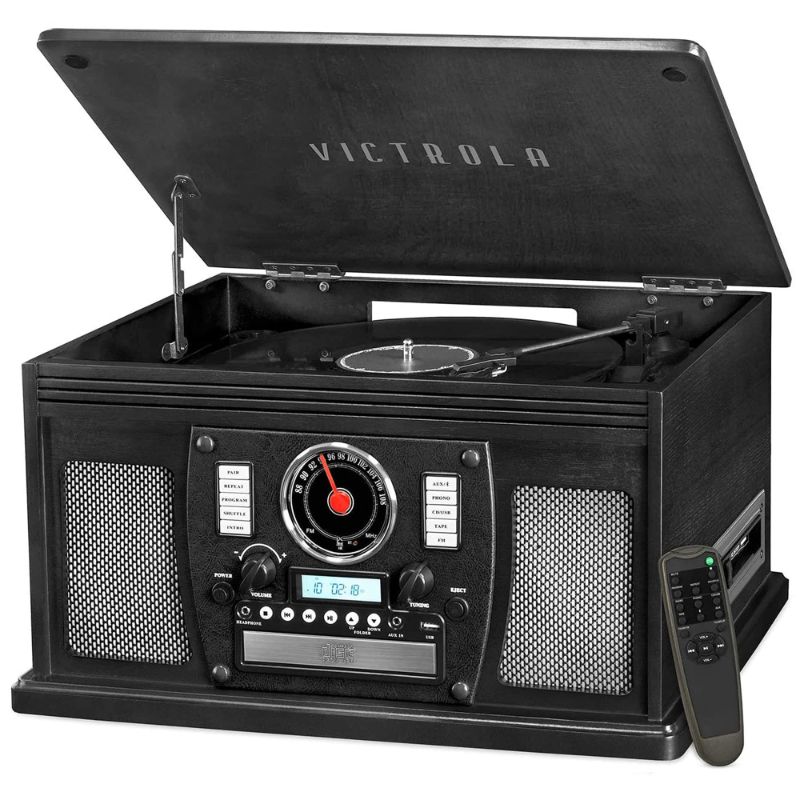 Photo 1 of VICTROLA 8-IN-1 BLUETOOTH RECORD PLAYER & MULTIMEDIA CENTER, BUILT-IN STEREO SPEAKERS - TURNTABLE, WIRELESS MUSIC STREAMING, REAL WOOD | BLACK, 1SFA BLACK ENTERTAINMENT CENTER
