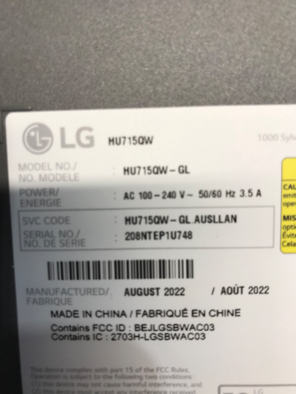 Photo 10 of ***ERROR CODE/ POSSIBLY PARTS ONLY*** LG CineBeam UHD 4K Projector HU715QW - DLP Ultra Short Throw Laser Smart Home Theater Projector, White