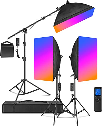 Photo 1 of Neewer RGB LED Softbox Lighting Kit with 2.4G Remote: 3-Pack 48W Dimmable LED Light Head with 3200~5600K/CRI95+/360°Full Color/10 Scene Effect with Softbox, Stand and Boom Arm for Studio Photography
