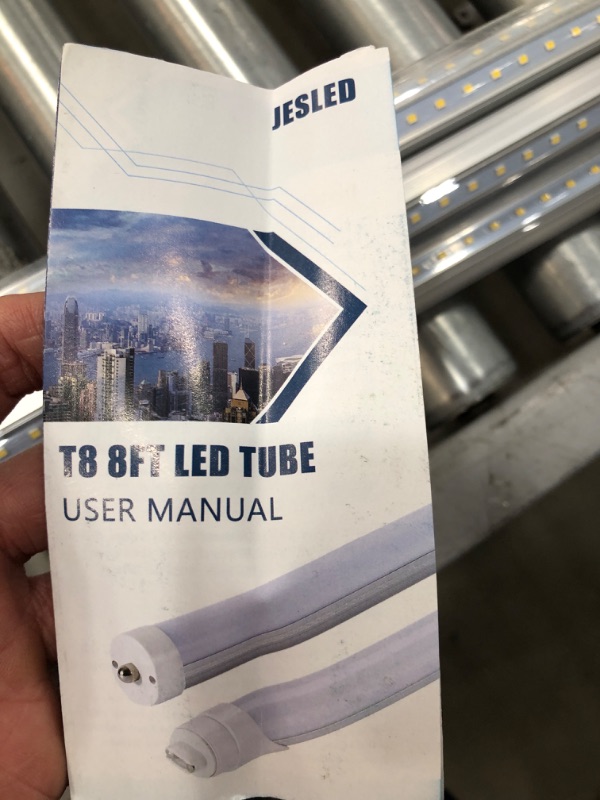 Photo 1 of **USED/MINOR DAMAGE** JESLED T8 T10 T12 8FT LED Light Bulbs, Single Pin Fa8 Base, 8 Foot LED Fluorescent Tube Replacement, 50W 6000LM, 5000K Daylight White, V Shape, Ballast Bypass, Super Bright Garage Shop Lights (4-Pack) 4 Count (Pack of 1)