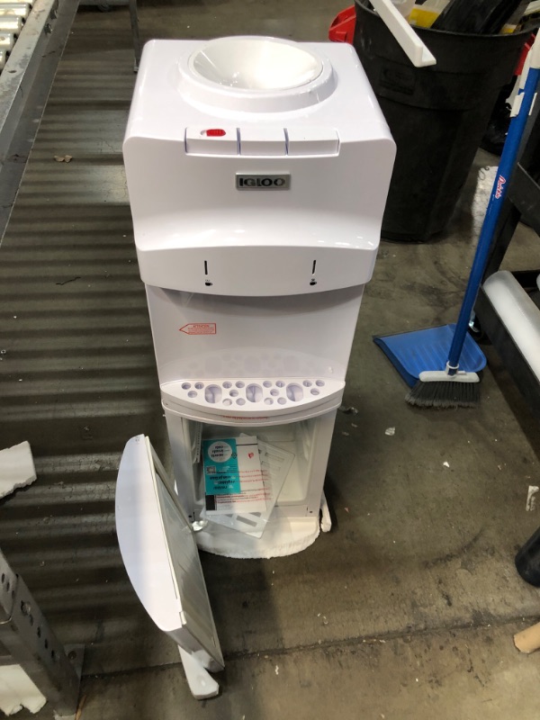 Photo 2 of **USED/DAMAGED** Igloo Top Loading Hot and Cold Water Dispenser - Water Cooler for 5 Gallon Bottles and 3 Gallon Bottles - Includes Child Safety Lock - Water Machine Perfect for Home, Office, & More - White White w/ Refrigerator