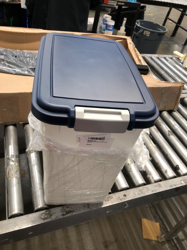 Photo 2 of **USED**/SLIGHT DAMAGE** IRIS USA 33Qt./25Lbs. WeatherPro Airtight Pet Food Storage Container with Attachable Casters, For Dog Cat Bird and Other Pet Food Storage Bin, Keep Pests Out, Easy Mobility, BPA Free, Navy/Pearl 25 Lbs - 33 Qt