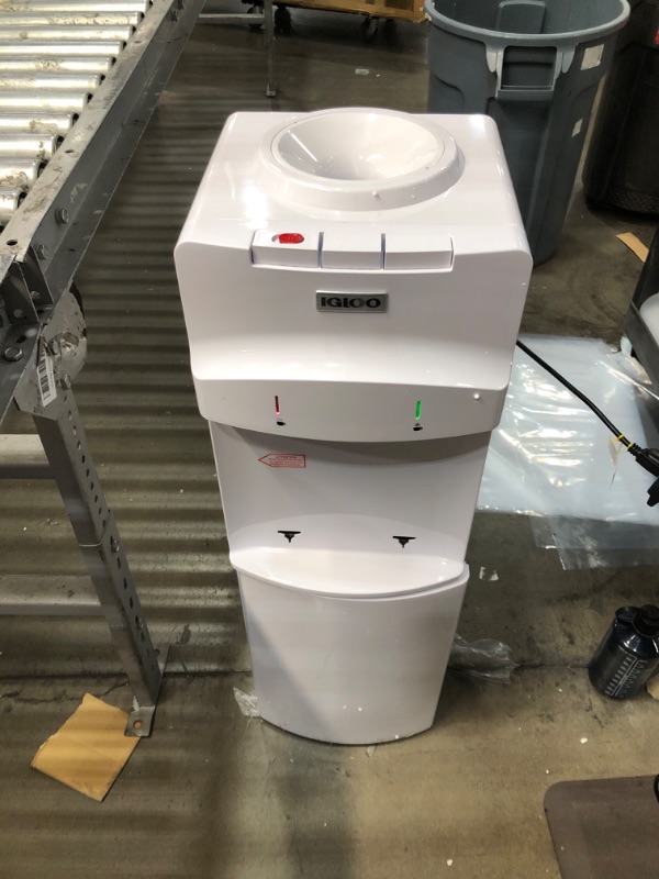 Photo 2 of **USED/Slight Damage** Igloo Top Loading Hot and Cold Water Dispenser - Water Cooler for 5 Gallon Bottles and 3 Gallon Bottles - Includes Child Safety Lock - Water Machine Perfect for Home, Office, & More - White White w/ Refrigerator