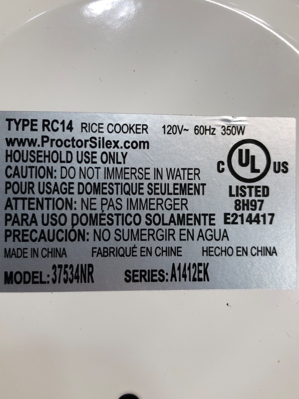 Photo 5 of Proctor Silex Rice Cooker & Food Steamer, 8 Cups Cooked (4 Cups Uncooked), White (37534NR) 8 Cups Cooked (4 Cups Uncooked) White (37534NR)