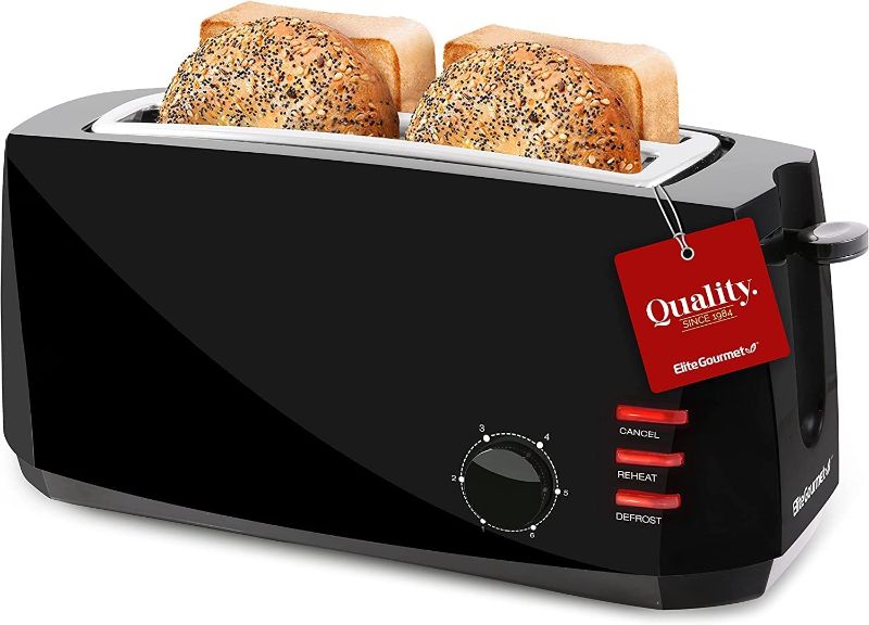 Photo 1 of **TESTED, USED**Elite Gourmet ECT4829B Long Slot 4 Slice Toaster, 6 Toast Settings Toaster Defrost, Reheat, Cancel Functions, Slide Out Crumb Tray, Extra Wide Slots for Bagels Waffles, Black
