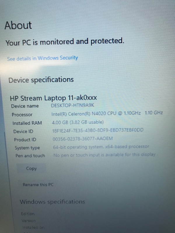 Photo 7 of HP STREAM 11.6" FULL HD INTEL CELERON N4020 4GB MEMORY 32GB STORAGE WINDOWS 10 LAPTOP COMPUTER
