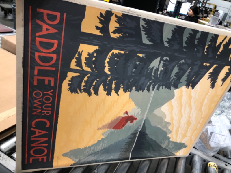 Photo 1 of ** DAMAGED** Stupell Industries Paddle Your Own Canoe Phrase Mountain Lake Adventure, Designed by Janelle Penner Canvas Wall Art, 24 x 30, Green 24x30 Green