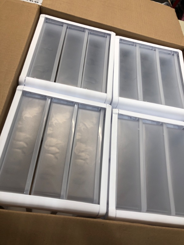 Photo 2 of **USED** Sterilite 17918004 3 Drawer Unit, White Frame with Clear Drawers, Pack of 4 & 16428012 6 Quart/5.7 Liter Storage Box, White Lid with Clear Base (Pack of 12) Drawer Unit + Storage Box