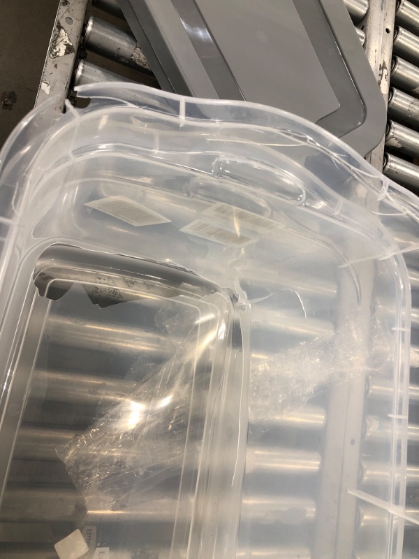 Photo 3 of **MISSING PARTS & DAMAGE ** Rubbermaid Roughneck Clear 95 Qt/23.75 Gal Storage Containers, Pack of 4 with Latching Grey Lids, Visible Base, Sturdy and Stackable, Great for Storage and Organization Snap-Fit Lids 95 Qt - 4 Pack