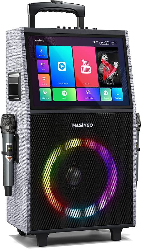 Photo 1 of MASINGO 2023 New Professional Karaoke Machine with Lyrics Display Screen for Adults and Kids - Bluetooth Portable PA Speaker System with WiFi, Built-in 15" Tablet, LED Lights + 2 Wireless Microphones
