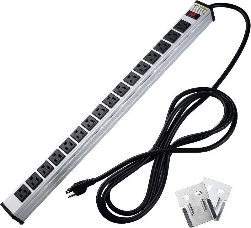 Photo 1 of Metal Wall Mount Long Power Strip,16 Outlets Heavy Duty Power Strip,Garage Workshop Multi Industrial Power Strip,14AWG /9.8 Ft Power Cord,15A,1875W