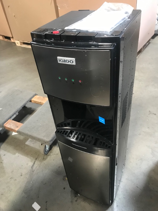 Photo 5 of **makes a weird noise when its on // turns on **** Igloo IWCBL353CRHBKS Stainless Steel Hot, Cold & Room Water Cooler Dispenser, Holds 3 & 5 Gallon Bottles, 3 Temperature Spouts, No Lift Bottom Loading, Child Safety Lock, Black/Stainless