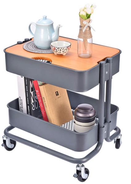 Photo 1 of 2-Tier Metal Utility Rolling Cart Storage Side End Table with Cover Board for Office Home Kitchen Organization, Dark Gray