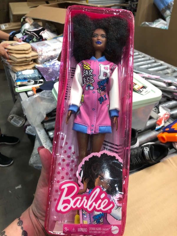 Photo 2 of Barbie Fashionistas Doll #156 with Brunette Afro & Blue Lips Wearing Graphic Coat Dress
