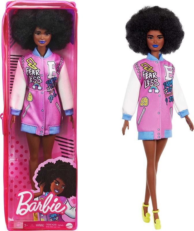 Photo 1 of Barbie Fashionistas Doll #156 with Brunette Afro & Blue Lips Wearing Graphic Coat Dress
