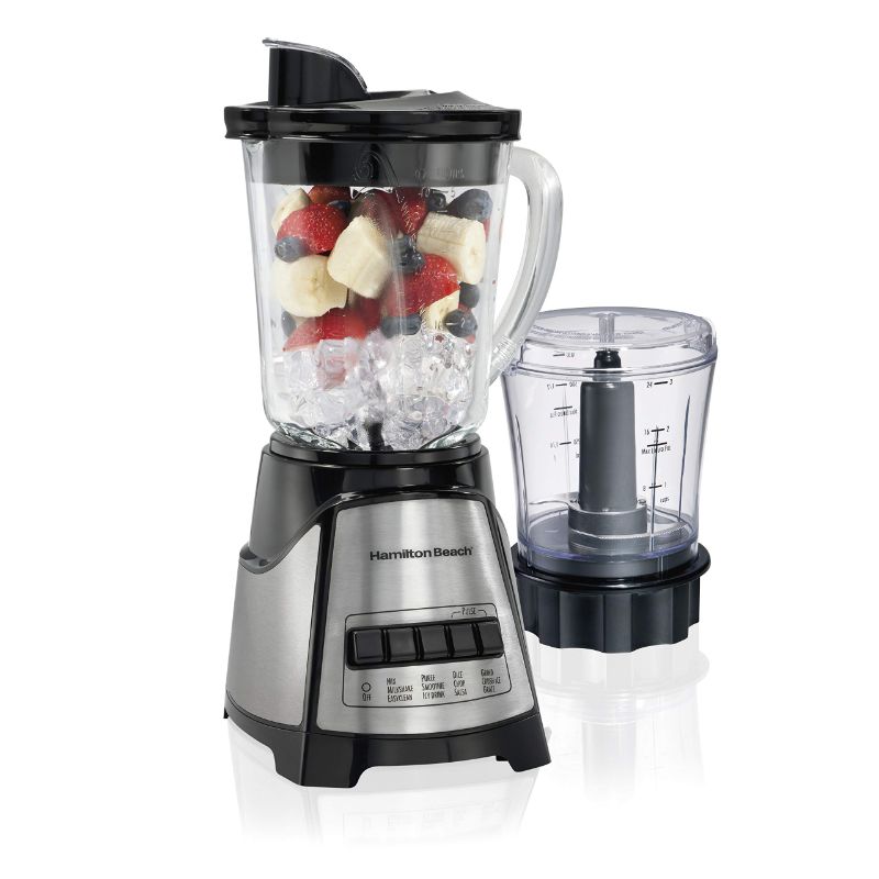 Photo 1 of HAMILTON BEACH POWER ELITE BLENDER WITH 40OZ GLASS JAR AND 3-CUP VEGETABLE CHOPPER, 12 FUNCTIONS FOR PUREE, ICE CRUSH, SHAKES AND SMOOTHIES, BLACK AND STAINLESS STEEL (58149)
