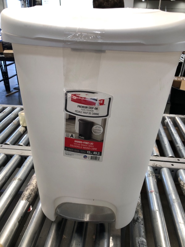 Photo 2 of **DAMAGED** Rubbermaid Classic 13 Gallon Premium Step-On Trash Can with Lid and Stainless-Steel Pedal, White Waste Bin for Kitchen White NEW Premium Step-On