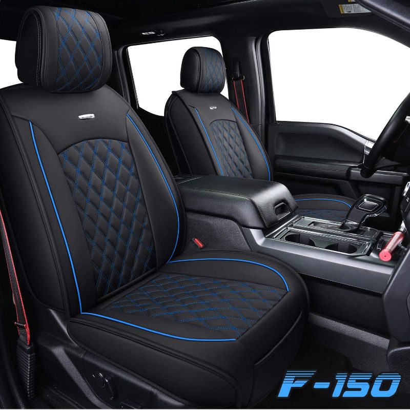 Photo 1 of Aierxuan Chevrolet Chevy Silverado GMC Sierra Car Seat Covers Full Set with Waterproof Leather, Fit for 2007-2023 1500/2500 HD / 3500 HD Crew, Double, Extended Cab or Pickup Truck (Black/Blue)