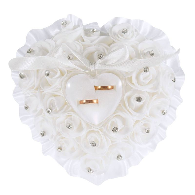 Photo 1 of 2 WPKLTMZ HEART SHAPE WEDDING RING PILLOW WHITE ELEGANT ROSE AND RHINESTONE DECORATION RING CUSHION BEARER BOX JEWERY CASE WITH RIBBON BOWKNOT CEREMONY SUPPLIES GIFT
