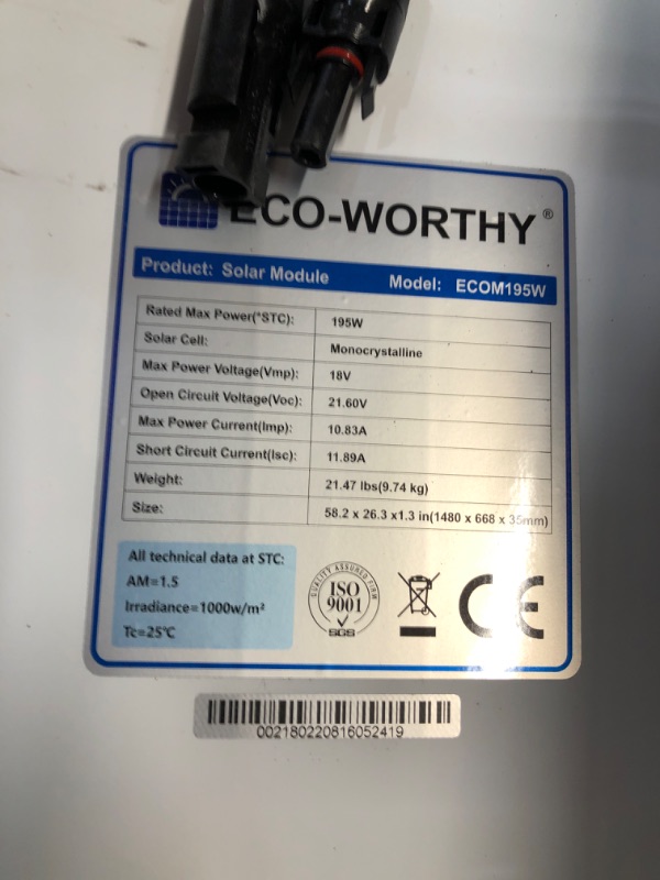 Photo 2 of **USED** Eco-worthy 195Watt 18V Monocrystalline Solar Panel
