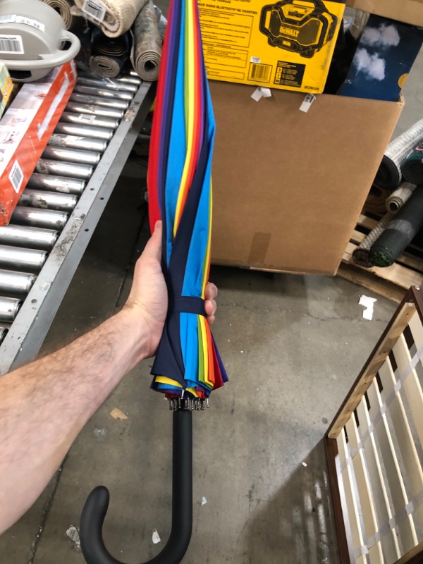 Photo 2 of **USED** totes Large Eco Auto-Open 24 Rib Stick Umbrella with a Classic J Hook Curved Handle and water repellant One Size Bright Rainbow