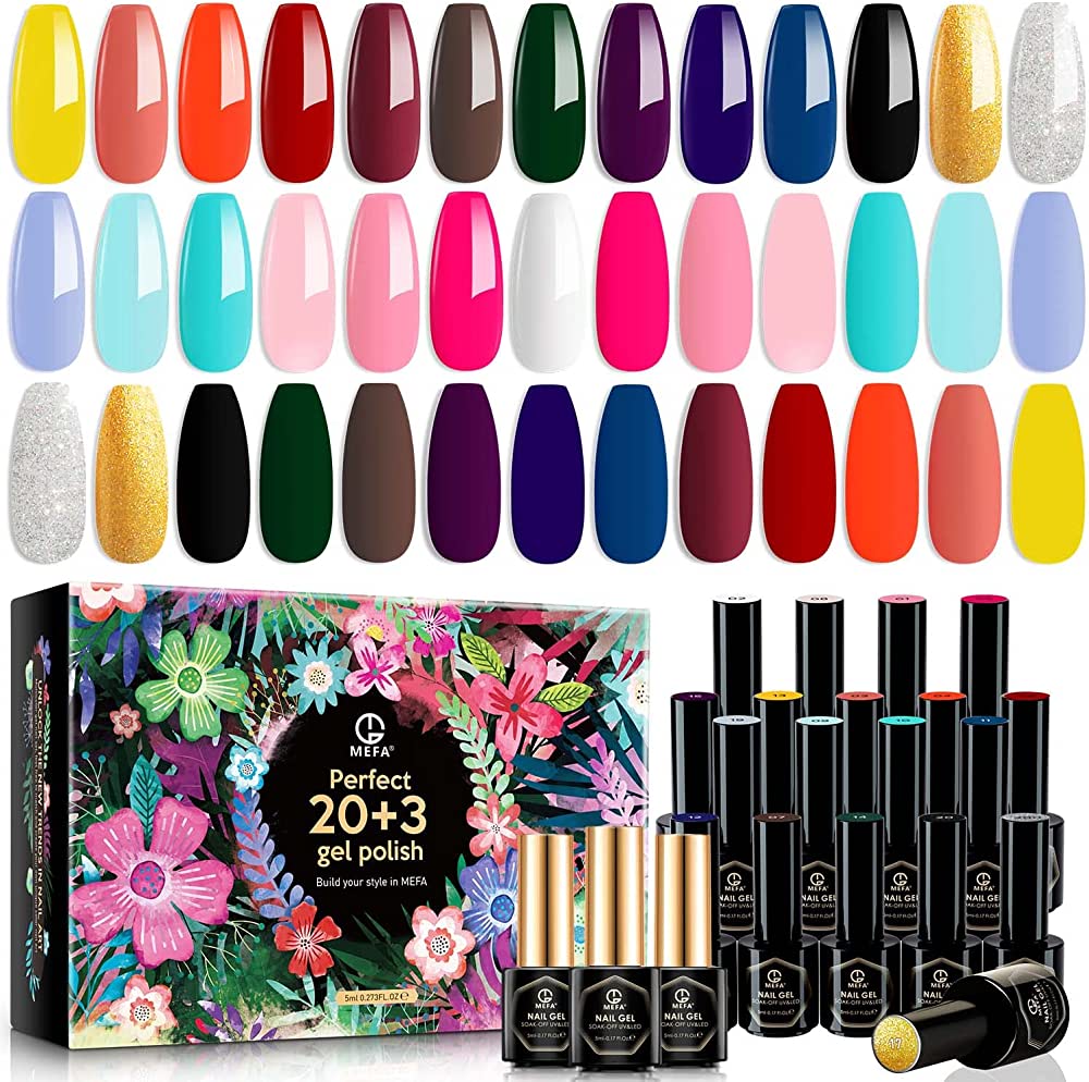 Photo 1 of 23 Pcs Gel Nail Polish Set, Nail Gel Kit Spring with Glossy & Matte Top and Base Coat, Black Glitter White Pink Blue Collection with Classic Colors All Seasons Gift for Starter Manicure Nail Art Salon