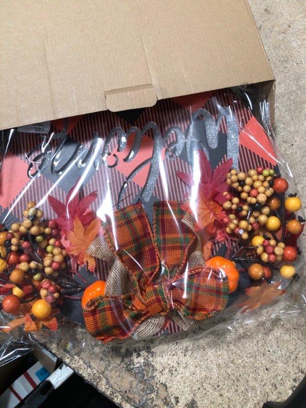 Photo 2 of [ Light Inside & Timer ] Prelit Fall Thanksgiving Wreath Decorations for Front Door Welcome Sign Battery Operate Pumpkin Maple Leaf Berry Wood Sign Autumn Thanksgiving Decor Indoor Outdoor Home