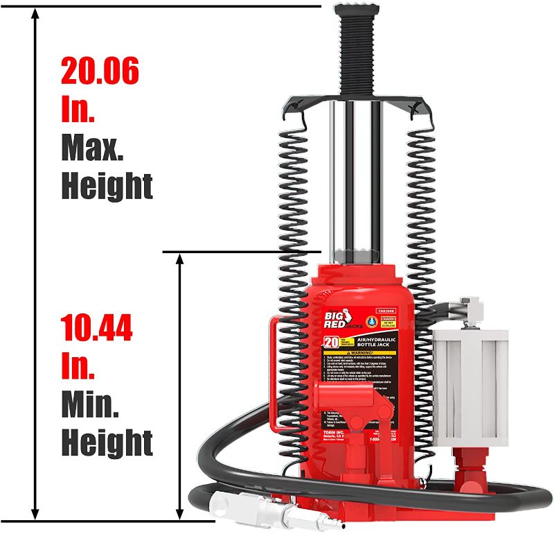 Photo 3 of BIG RED TA92006 Torin Pneumatic Air Hydraulic Bottle Jack with Manual Hand Pump, 20 Ton (40,000 lb) Capacity, Red