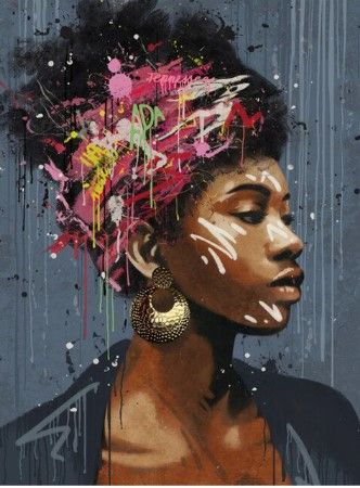 Photo 1 of Abstract African Girl Portrait Afro Hair Canvas Prints Wall Art Graffiti Watercolour Poster Painting Picture For Living Room
