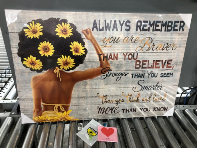 Photo 2 of African Black Woman Wall Art Framed Canvas Motivational Quote on Rustic Wood Board Picture Painting Sunflower Girl Poster Print Inspirational Artwork for Bedroom Decor 24x36inch
