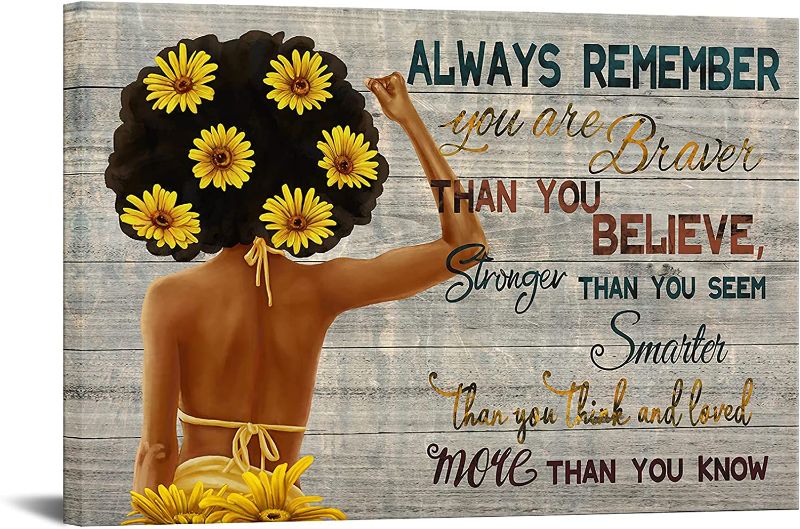 Photo 1 of African Black Woman Wall Art Framed Canvas Motivational Quote on Rustic Wood Board Picture Painting Sunflower Girl Poster Print Inspirational Artwork for Bedroom Decor 24x36inch
