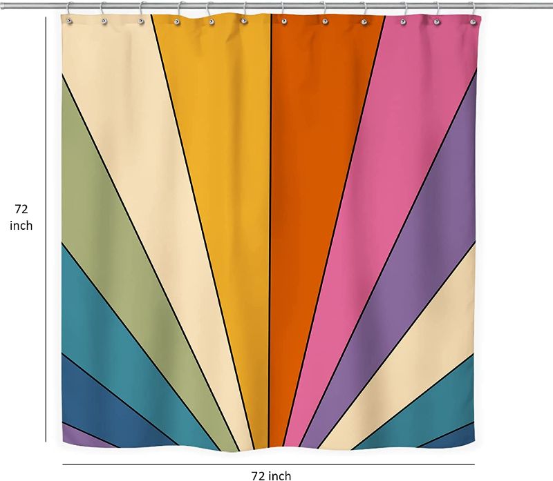 Photo 1 of (STOCK PHOTO USED FOR REFERENCE) Fablus Retro Boho Rainbow Shower Curtain for Bathroom, 72" W x 72" L Vintage Sunset Shower Curtain, Abstract Colorful Pop-Art Shower Stall Decor, Durable Fabric Shower Curtain with Hooks
