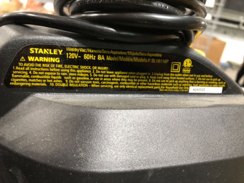 Photo 3 of *** TESTED DOES NOT TURN ON *** **** PARTS ONLY ****
Stanley - SL18116P Wet/Dry Vacuum, 6 Gallon, 4 Horsepower Black Black, Yellow 6 Gallon, 4.0 HP AC Wet/Dry Vacuum