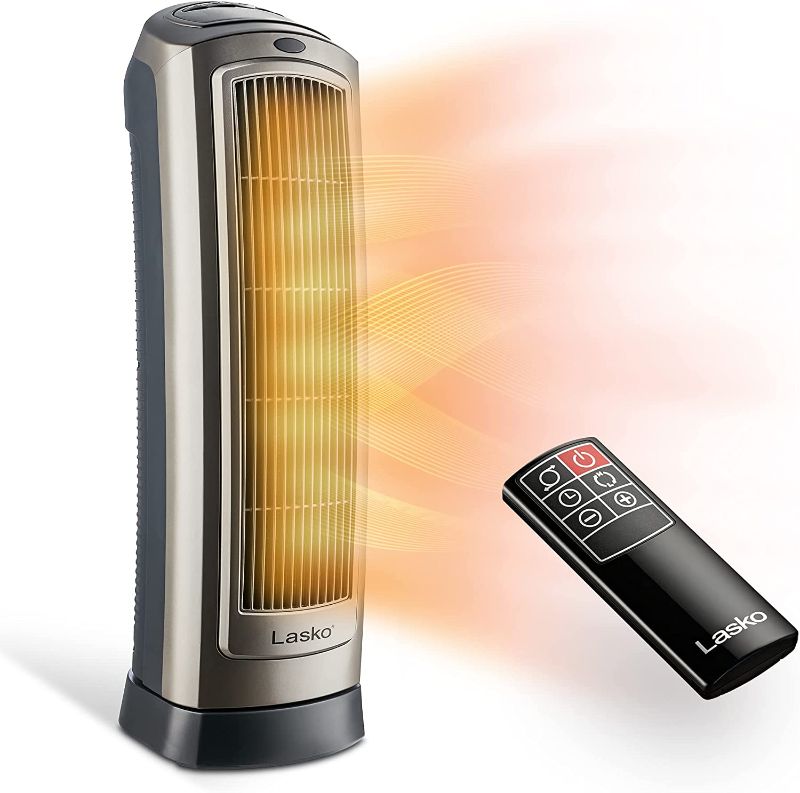 Photo 1 of Lasko Oscillating Digital Ceramic Tower Heater for Home with Adjustable Thermostat, Timer and Remote Control, 23 Inches, 1500W, Silver, 755320
