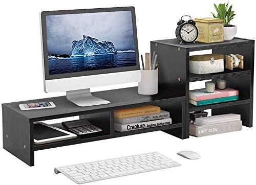 Photo 1 of Computer Laptop Monitor Riser Stand Desktop Wooden Storage Organizer + 3-Layer ShelfLaptop TV Stand Desktop Wooden Storage Organizer Sit Monitor Risers (Black#2)
